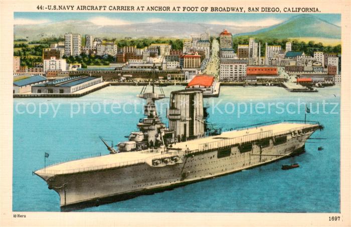 73799994 San Diego California US Navy Aircraft Carrier at anchor at foot of Broa