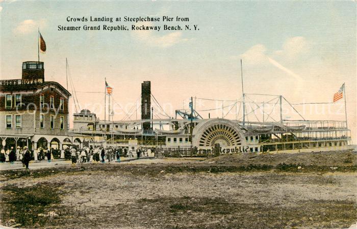 73821205 Rockaway Beach New York USA Crowds landing at Steeplechase Pier from St