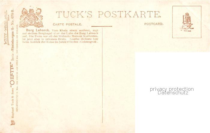 73890135 Verlag Tucks Oilette Serie Nr. Nr. 679 B. Burg Lahneck