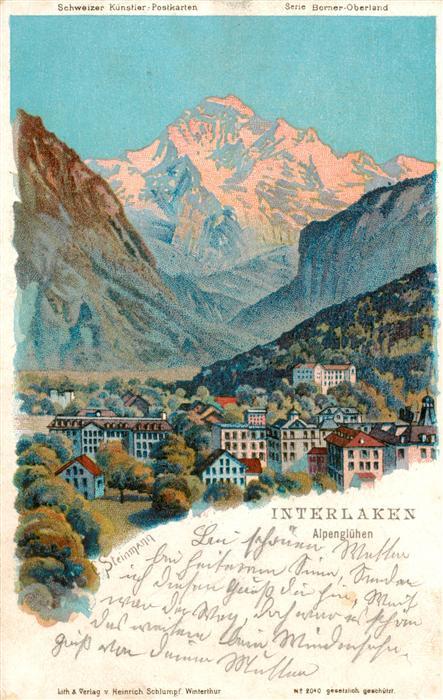 73983823 Steinmann C. Schweiz Kuenstlerlitho Nr. 2040 Interlaken Alpengluehen