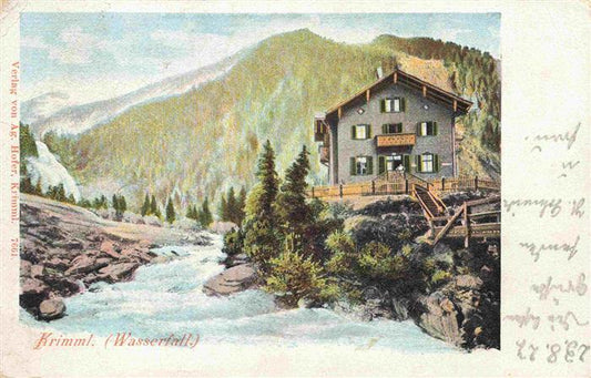 73972574 Krimml 1076m Pinzgau AT Wasserfall Berggasthaus Unterkunftshaus Litho