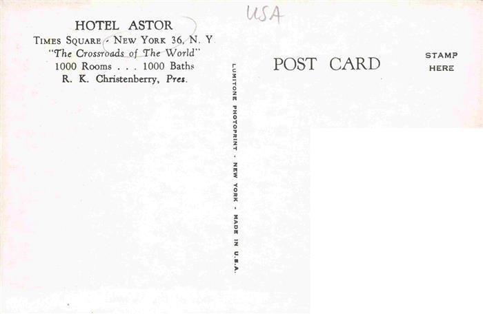 73972897 NEW YORK City USA Hotel Astor at the Crossroads of the World