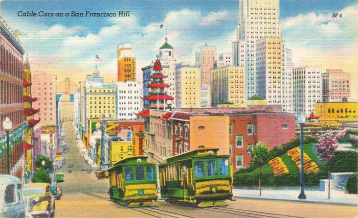 73976404 SAN FRANCISCO California USA Cable Cars on a San Francisco Hill Illustr