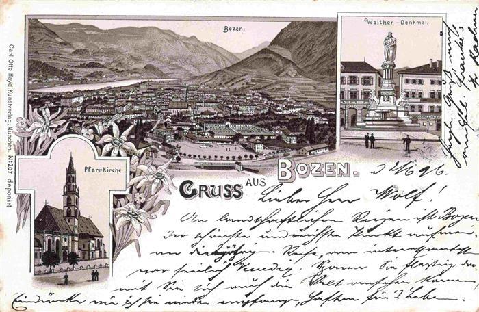 73991455 Bozen BOLZANO Suedtirol IT Panorama Walther-Denkmal Pfarrkirche Litho