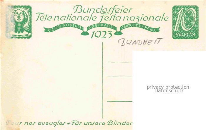 74007681 Hugentobler JE Artist Card Bundheit commémore les aveugles fédéraux Fe