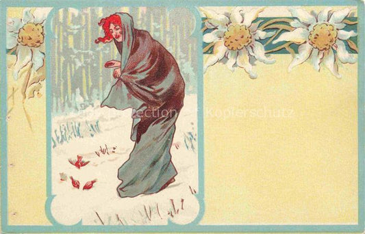 74007699 Jugendstil Frau Winter Litho