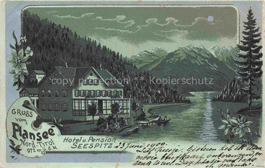 74010303 Plansee Tirol AT Hotel Pension Seespitz im Mondschein Alpen Litho