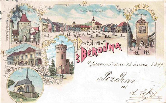 74010324 Berouna Beroun Beraun CZ Horni cast namesti Brana Hotel Kaple Litho