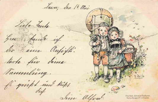 74018416 REIss Fritz Kuenstlerlitho Schwarzwaldkuenstler Kinder Pilze sammeln