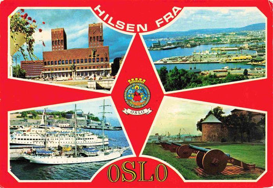 73993201 Oslo  Norge Radhuset Fliegeraufnahme Hafen Segelschiff Kanonen