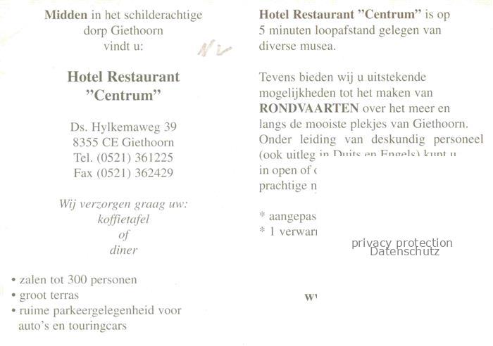 74002160 Giethoorn Overijssel NL Hôtel Café Restaurant Centrum Rondvaarten