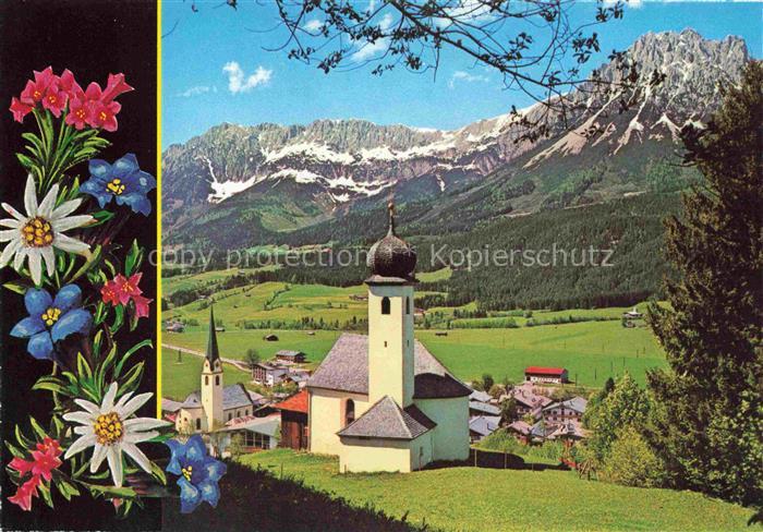 74003547 Ellmau Elmau Tirol AT Panorama mit Kirche und Wildem Kaiser