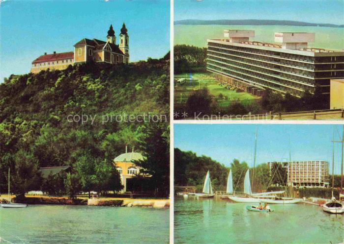 74006214 Tihany HU View to the Balatonfuered Monastery Hotel Harbor Lake Balaton