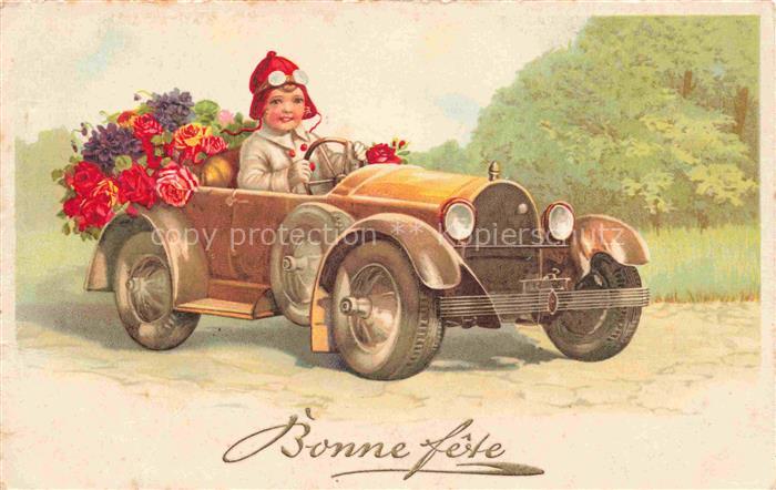 74011682 Glueckwunsch Greeting Bonne fete Auto Bluemen Kind