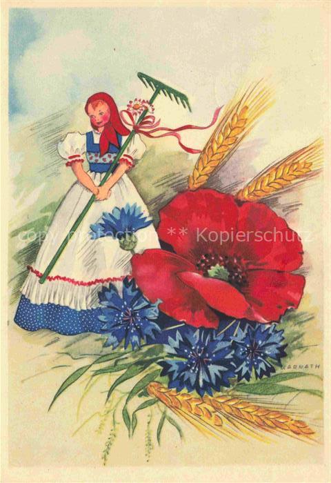 74016976 Mohnblumen Blumen Flowers Fleurs Kuenstlerkarte Maedchen Weizen