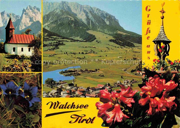 74013662 Walchsee Tirol AT Kapelle Alpenflora Blauer Enzian Alpenrose Luftaufnah