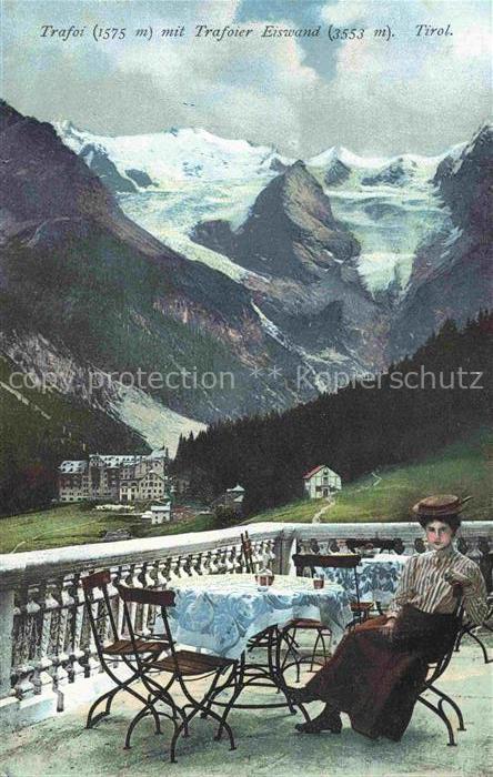 74014132 Trafoi Stilfs Suedtirol IT Terrasse Blick gegen Trafoier Eiswand Gletsc