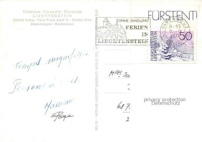 74024097 Briefmarkensprache auf Ak Fuerstentum Liechtenstein Schloss Vaduz