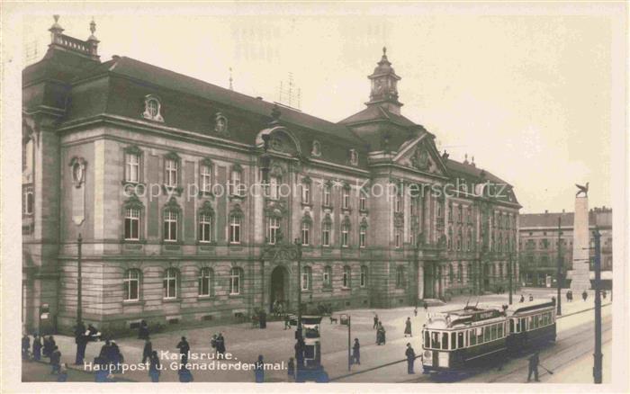 74030110 Strassenbahn Tramway-- Karlsruhe Hauptpost u. Grenadier denkmal