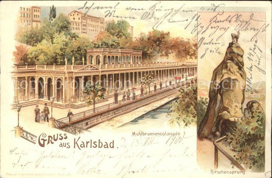 31739723 Karlsbad Eger Muehlbrunnencolonade Hirschensprung Litho