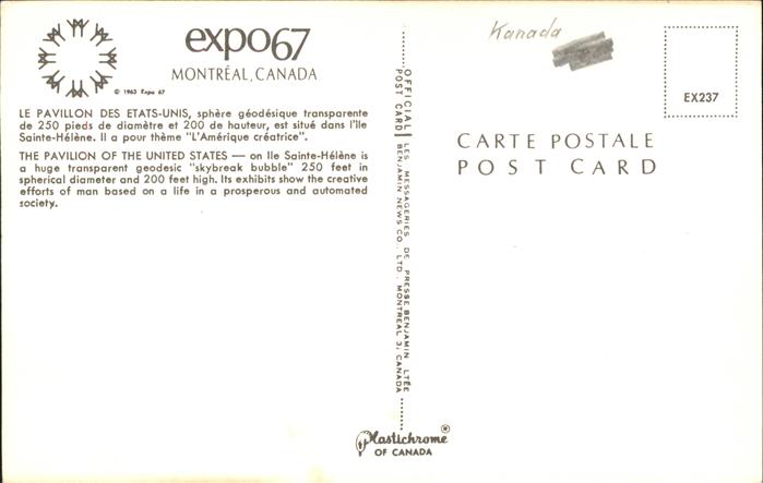 11491682 Montréal Québec Expo 67 Pavillon de la transp géodésique Etas Unis Sphère