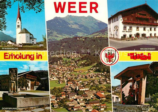 73588391 Weer Tirol Pfarrkirche Dorfbrunnen Fliegeraufnahme Weererwirt Bildstock