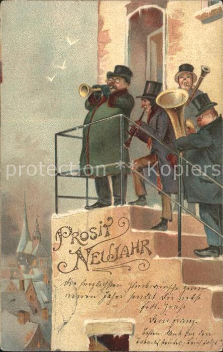 12354256 Neujahr Musikanten Klarinette Trompete Tuba Litho