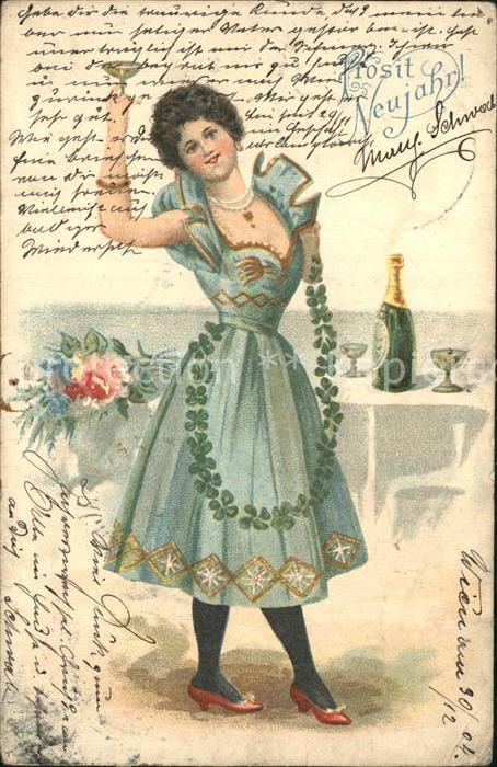 12354418 Neujahr Frau Kleid Sekt Rose Litho Kleeblatt