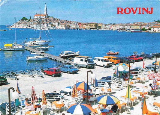 73980515 Rovinj Rovigno Istria Croatia Panorama Restaurant Terrace Boat dock