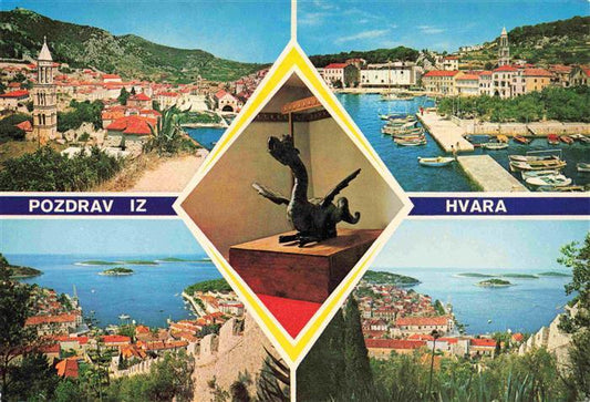 73980578 Hvar Croatia partial views harbor coastal panorama dragon sculpture