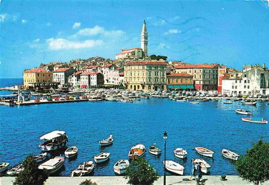 73980944 Rovinj Rovigno Istria Croatia Panorama Harbour View to Old Town Church