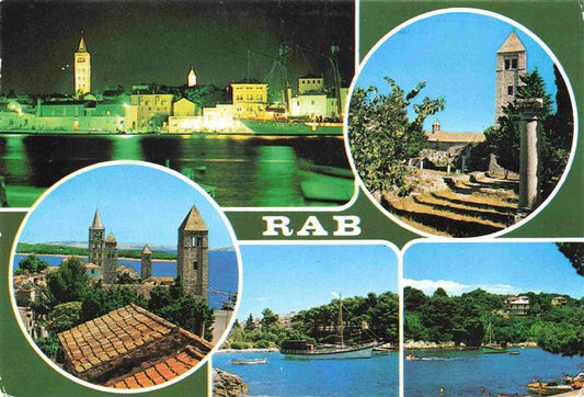 73980989 Rab Croatia harbor night shot church sailing ship bay