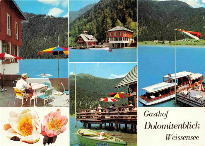 73984748 Weissensee Kaernten AT Gasthof Dolomitenblick Terrasse Seepartien Boots