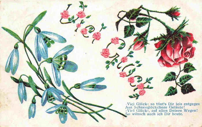 73965102 Blumen Flowers Fleurs Rosen Schneeglocken Viel Glueck Litho