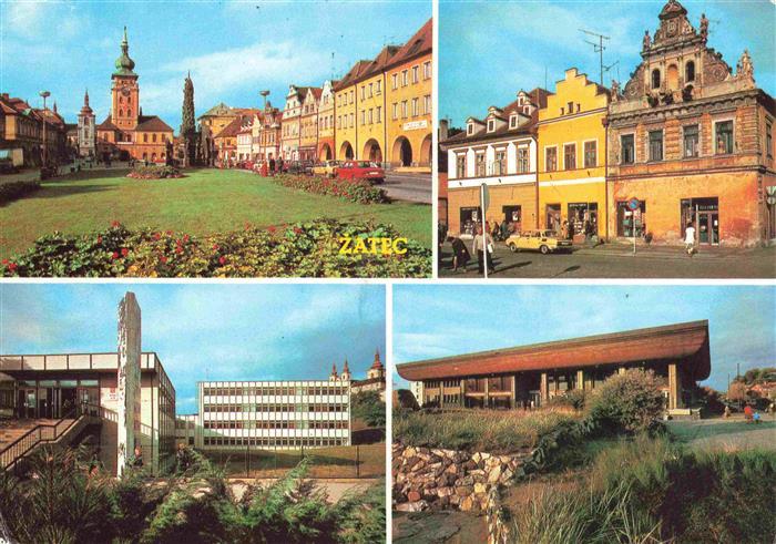 73966182 Zatec Saaz CZ Namesti VRSR s radnici Starobyle domy na namesti VRSR Zak