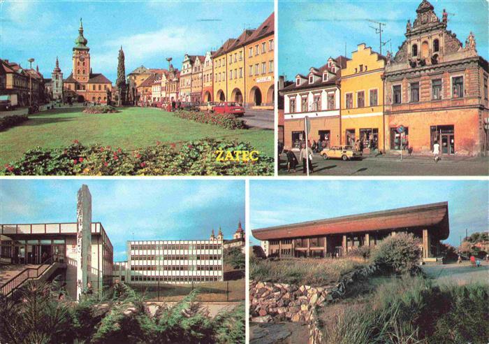 73966192 Zatec Saaz CZ Namesti VRSR s radnici Starobyle domy na namesti VRSR Zak