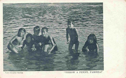 73966728 New Zealand New Zealand NZ Children in the water Throw a Penny, Pakeha