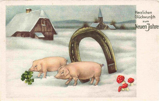 74033681 Neujahr Annee New Year Kleeblatt Schweine Hufeisen