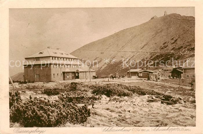 73820139 Riesengebirge Krkonose Karkonosze Schlesierhaus mit Schneekoppe