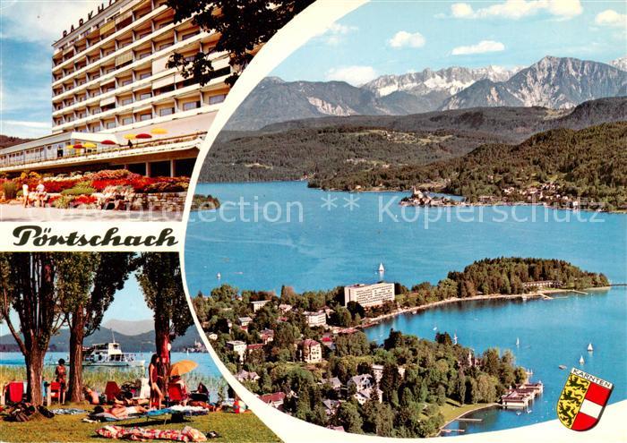 73854956 Poertschach Woerthersee Fliegeraufnahme mit Karawanken Hotel Strand