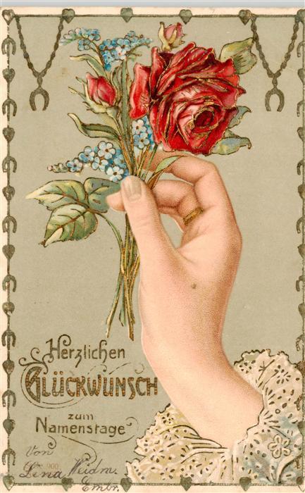 73929669 Namenstag Namenskarte Hand Blume Litho