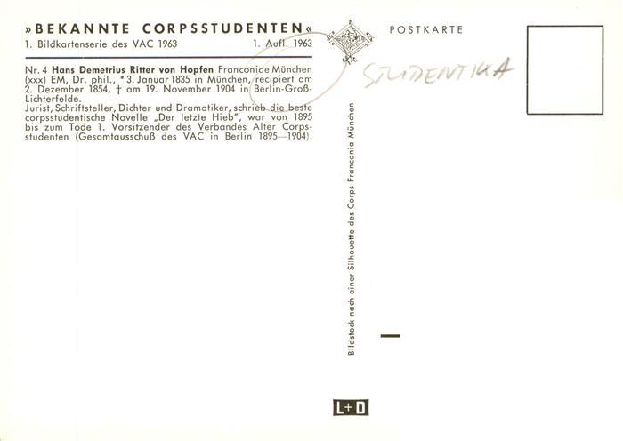 73930882 Studentika Hans Demetrius Ritter von Hopfen