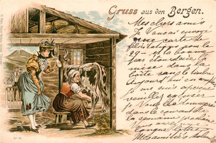 73937380 Gruss aus den Bergen Litho H.Metz Nr. 16 Kuhstahl Melken Frau