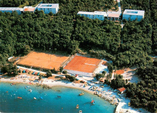 73954173 Porec Croatia aerial photo with beach sports and tennis court