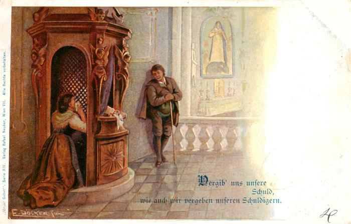 73989691 Doecker E Kuenstlerlitho Frau Betten Kirche