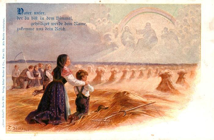 73989697 Doecker E Kuenstlerlitho Frau Kind Beten Feld Jesus